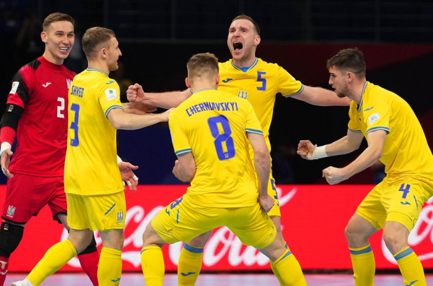 TASHKENT, UZBEKISTAN - OCTOBER 06: Yevhenii Zhuk of Ukraine celebrates scoring their fourth goal during the FIFA Futsal World Cup Uzbekistan 2024 Third-Place Play-Off match between Ukraine and France at Humo Arena on October 06, 2024 in Tashkent, Uzbekistan. (Photo by Alex Caparros - FIFA/FIFA via Getty Images)