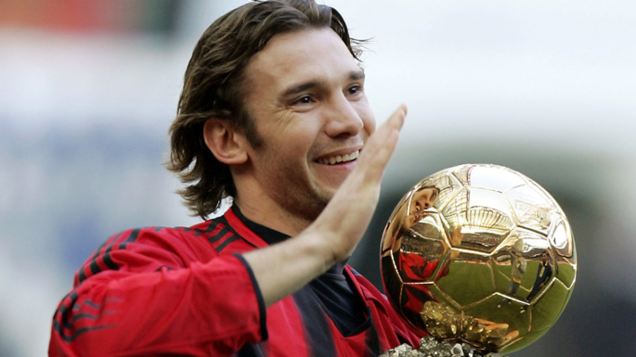 AC Milan Ukranian striker Andriy Shevchenko smiles as he holds the Golden Ball trophy he was recently awarded prior to the start of the Italian first division soccer match between AC Milan and Lecce at the San Siro stadium, in Milan, Italy, Thursday, Jan. 6, 2005. (AP Photo/Luca Bruno)