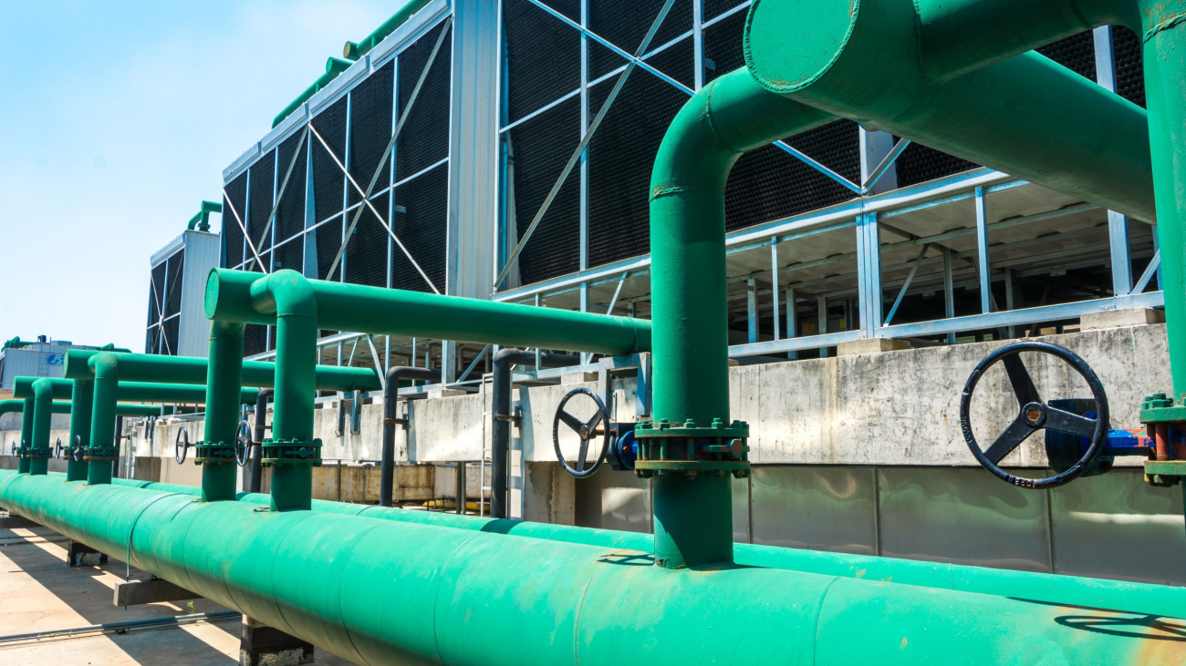 Sets of cooling towers in data center building.