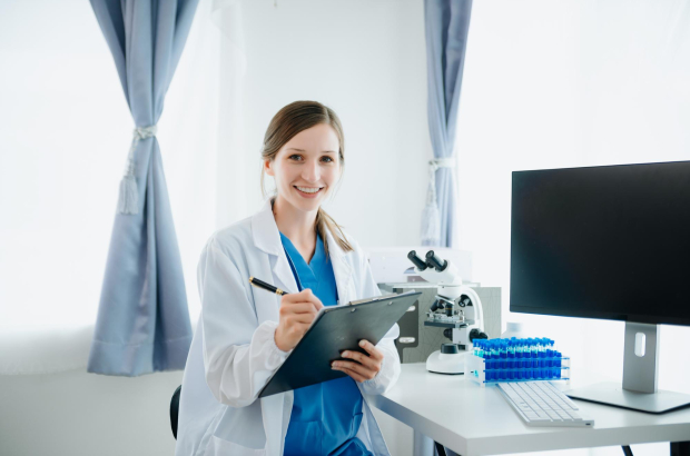 confident_young_caucasian_female_doctor_white_medical_uniform_sit