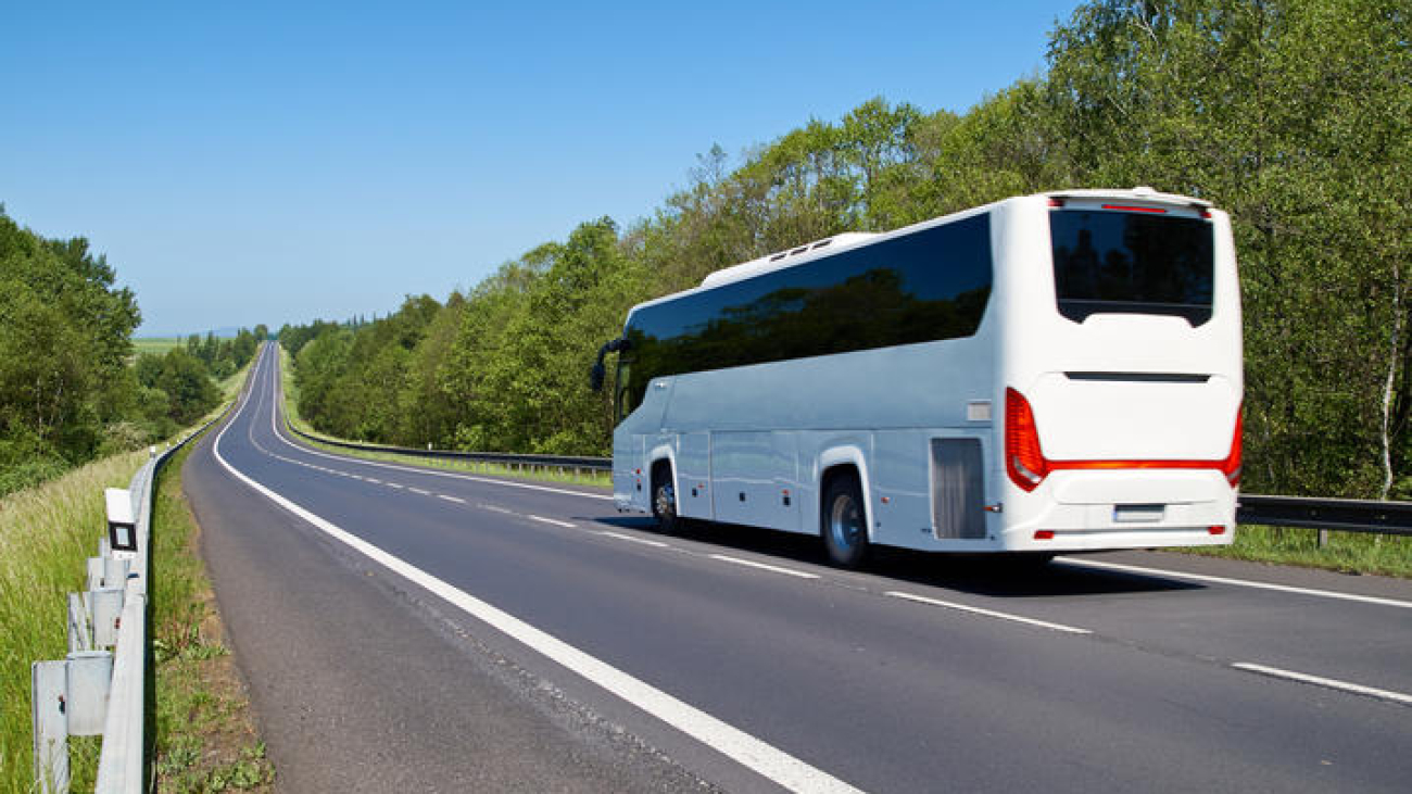 White Bus driving along an empty asphalt road lined with deciduous trees in the countryside